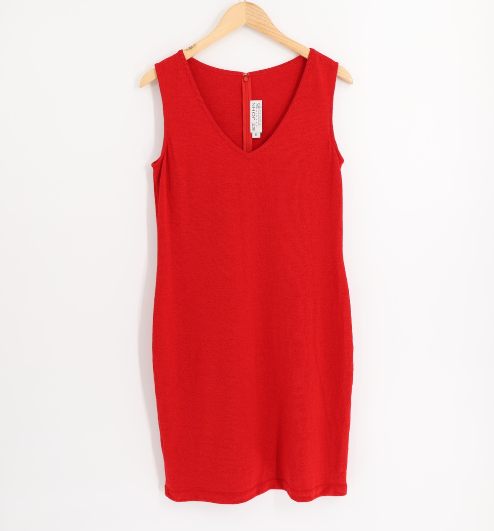 St. John Santana Knit Dress Sz 6 Red Midi Tank Sheath Luxury Designer USA